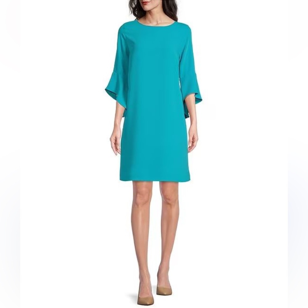 Caroline Rose
Julia Matte Crepe 3/4 Ruffle Sleeve Shift Round Neck Shift Dress